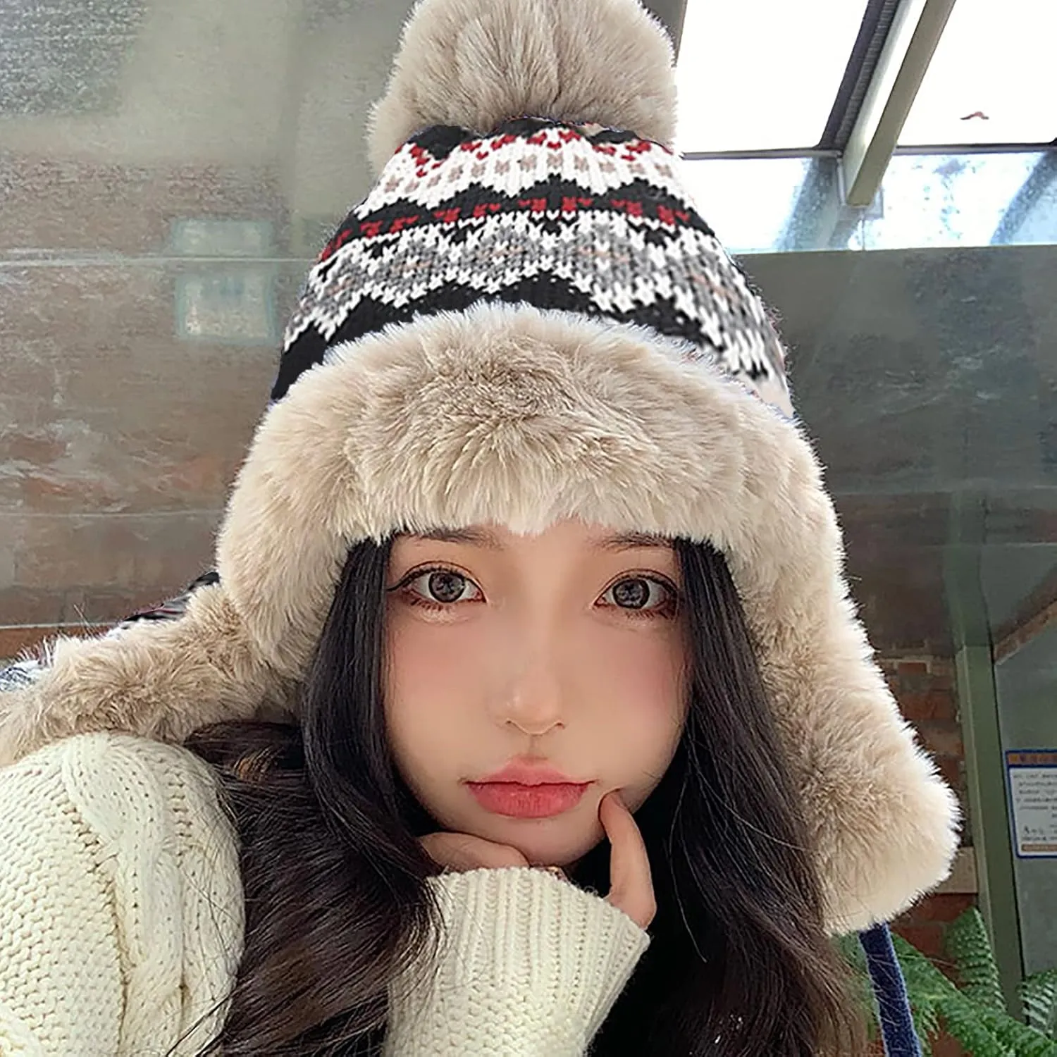 PURFUN Women Teens Knitted Trapper Hat with Thick Faux Fur Lining, Windproof Ushanka Earflap Cap Beanie Cycling Ski Cap Hat