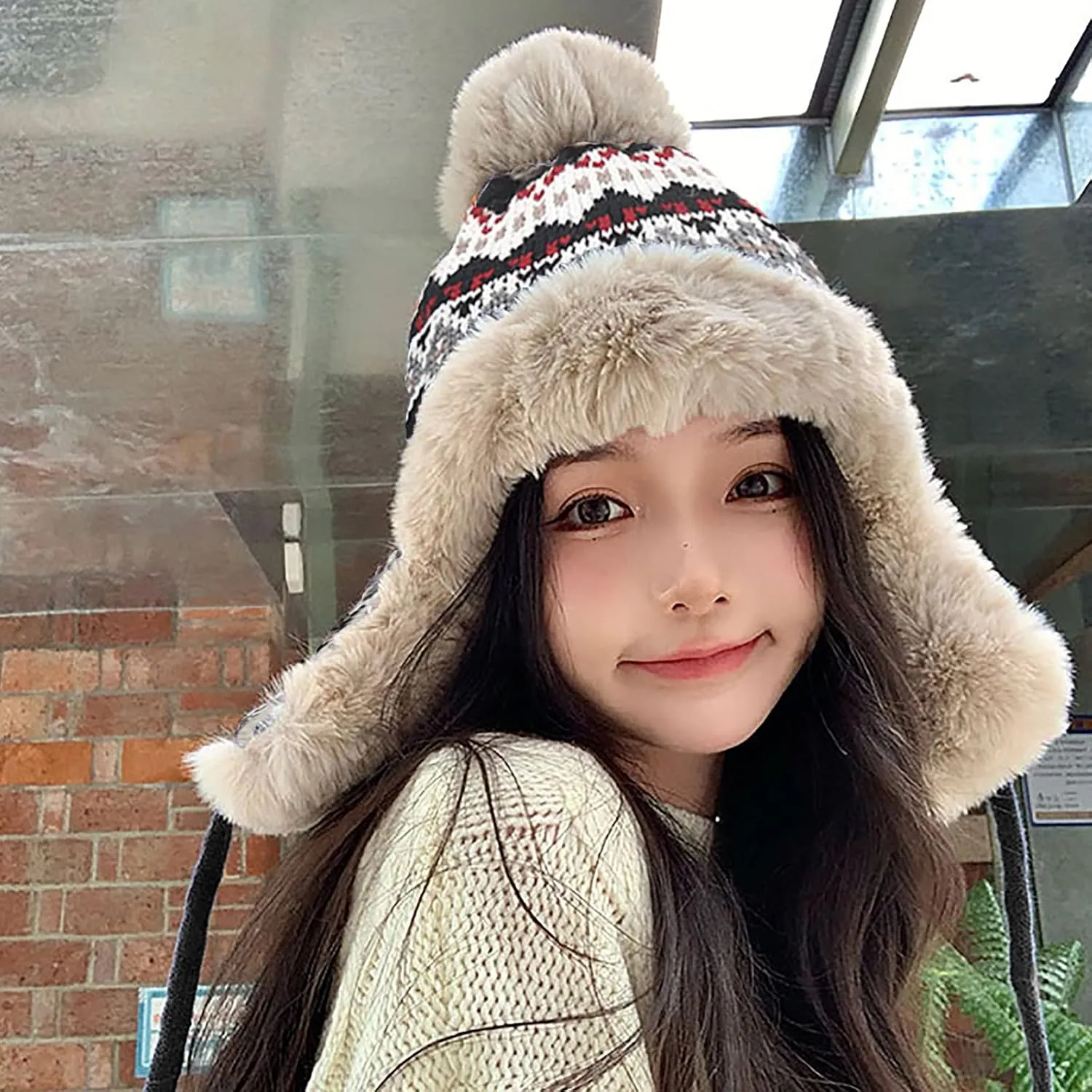 PURFUN Women Teens Knitted Trapper Hat with Thick Faux Fur Lining, Windproof Ushanka Earflap Cap Beanie Cycling Ski Cap Hat