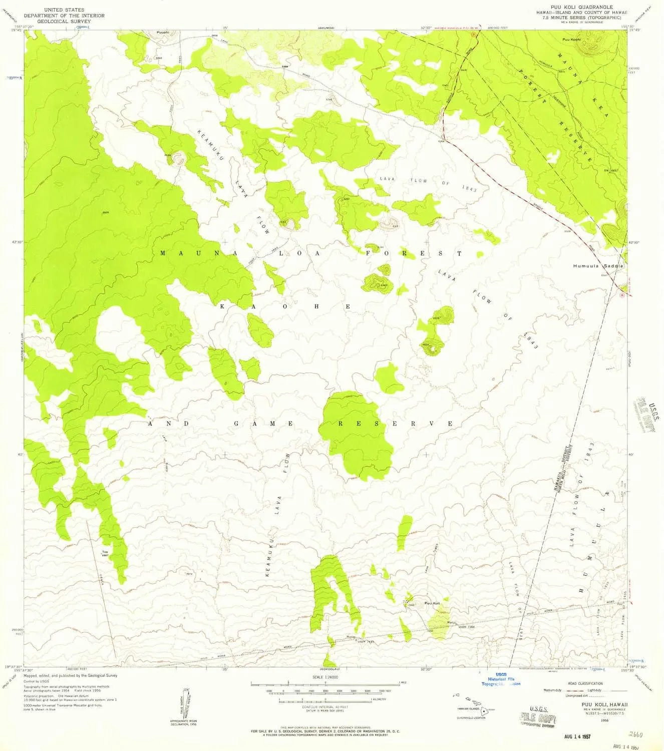 Puu Koli HI topo map, 1:24000 Scale, 7.5 X 7.5 Minute, Historical, 1956, Updated 1957, 26.8 x 24 in