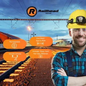Railhead Gear LED Headlamp Rechargeable Tactical Dual Beam 800 Lumens Industrial Strap and Light with Smart Switch RH-HL800R