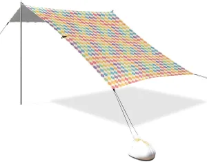 Rainbow Chessboard Beach Tent & Canopy UPF50 Easy Setup Portable Sun Shelter with Sandbags, Sand Shovel, Poles for Family Trips, Picnics & Camping