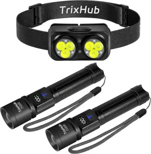 Rechargeable Flashlights High Lumens, Super Bright Flash Light, 5 Modes Zoomable Linternas with LCD Digital Display and Motion Sensor LED Headlamp Rechargeable, Super Bright Camping Essentia