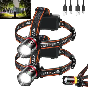 Rechargeable Headlamp 2 Pack, 5000LM Super Bright LED Headlight with 90° Adjustable Beam, IPX4 Waterproof, 4 Modes Zoomable Head Lamp for Camping, Hiking, Hunting, Running, Cycling, Emergency