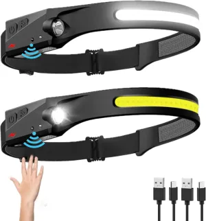 Rechargeable Headlamp, 230° Wide Beam Head Lamp, Motion Sensor LED Headlamp Rechargeable, 5Mode Headlamps for Adults, Bright Head Lights for Forehead, Headlight (2Pack)