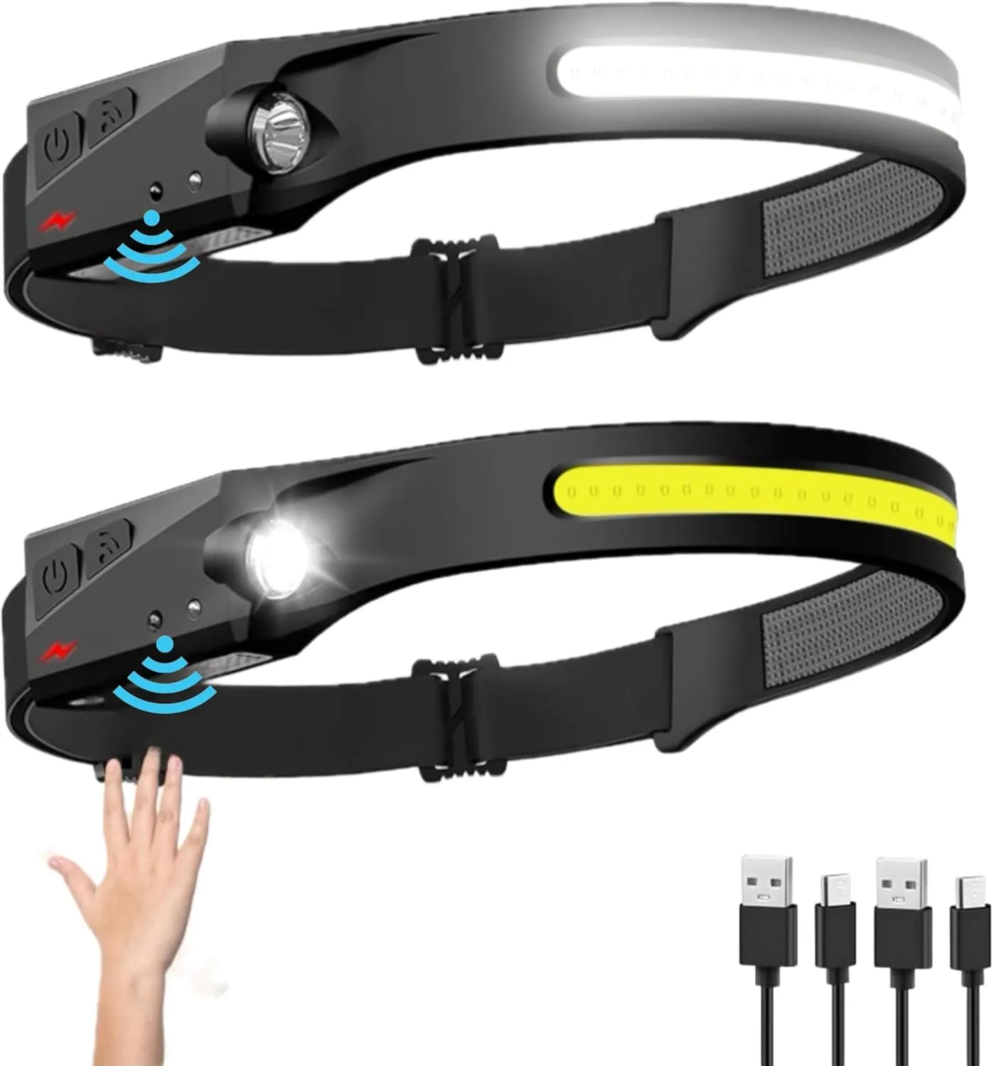 Rechargeable Headlamp, 230° Wide Beam Head Lamp, Motion Sensor LED Headlamp Rechargeable, 5Mode Headlamps for Adults, Bright Head Lights for Forehead, Headlight (2Pack)
