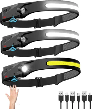 Rechargeable Headlamp, 230° Wide Beam Head Lamp, Motion Sensor LED Headlamp Rechargeable, 5Mode Headlamps for Adults, Bright Head Lights for Forehead, Headlight (3Pack)
