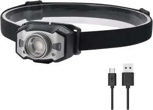 Rechargeable Headlamp, 500 Lumens LED Head lamp with Red Light and Motion Sensor Switch, for Running, Hiking, Lightweight, Waterproof, Adjustable Headband, 5 Display Modes