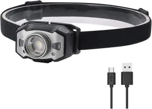 Rechargeable Headlamp, 500 Lumens LED Head lamp with Red Light and Motion Sensor Switch, for Running, Hiking, Lightweight, Waterproof, Adjustable Headband, 5 Display Modes