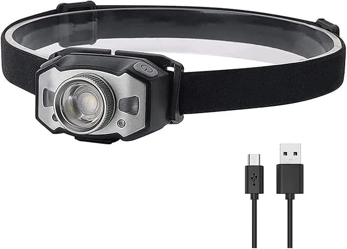 Rechargeable Headlamp, 500 Lumens LED Head lamp with Red Light and Motion Sensor Switch, for Running, Hiking, Lightweight, Waterproof, Adjustable Headband, 5 Display Modes