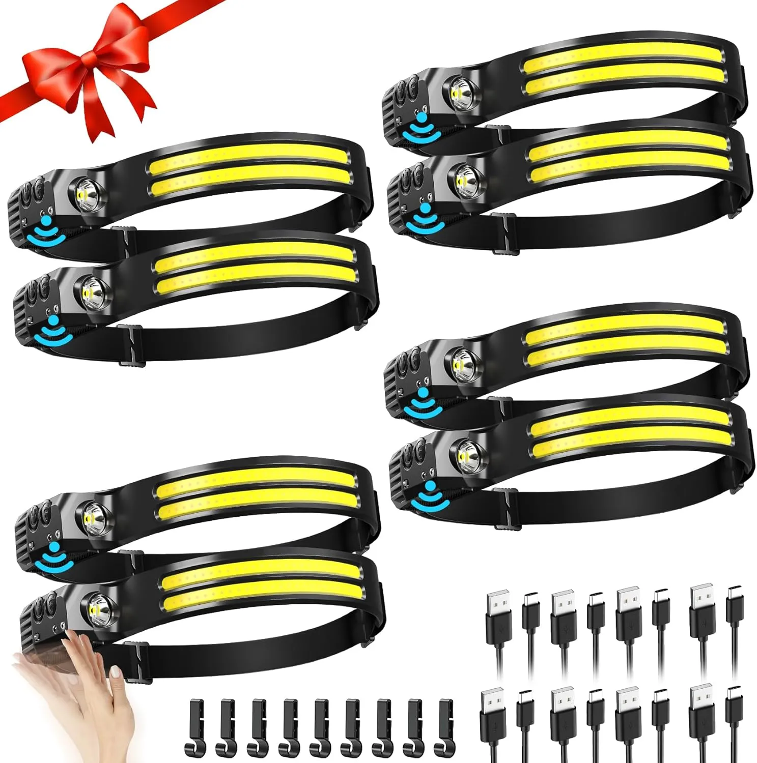 Rechargeable Headlamp 8 Pack, LED Headlight Flashlight Super Bright with 230° Wide Beam, Motion Sensor, 5 Modes Waterproof Head Lamp for Outdoor Hiking Running Camping