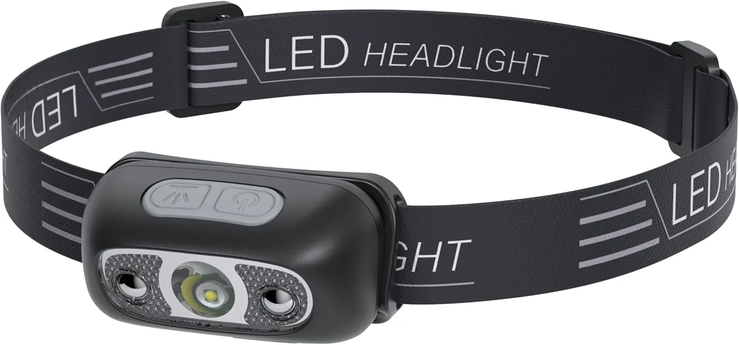Rechargeable Headlamp for Adults with 300 Lumens, USB Rechargeable Head Lamp with Lightweight Design(0.08 LB), IPX4 LED Sensor Headlamps for Running Camping Reading with Long Run Time (Black & Silver)