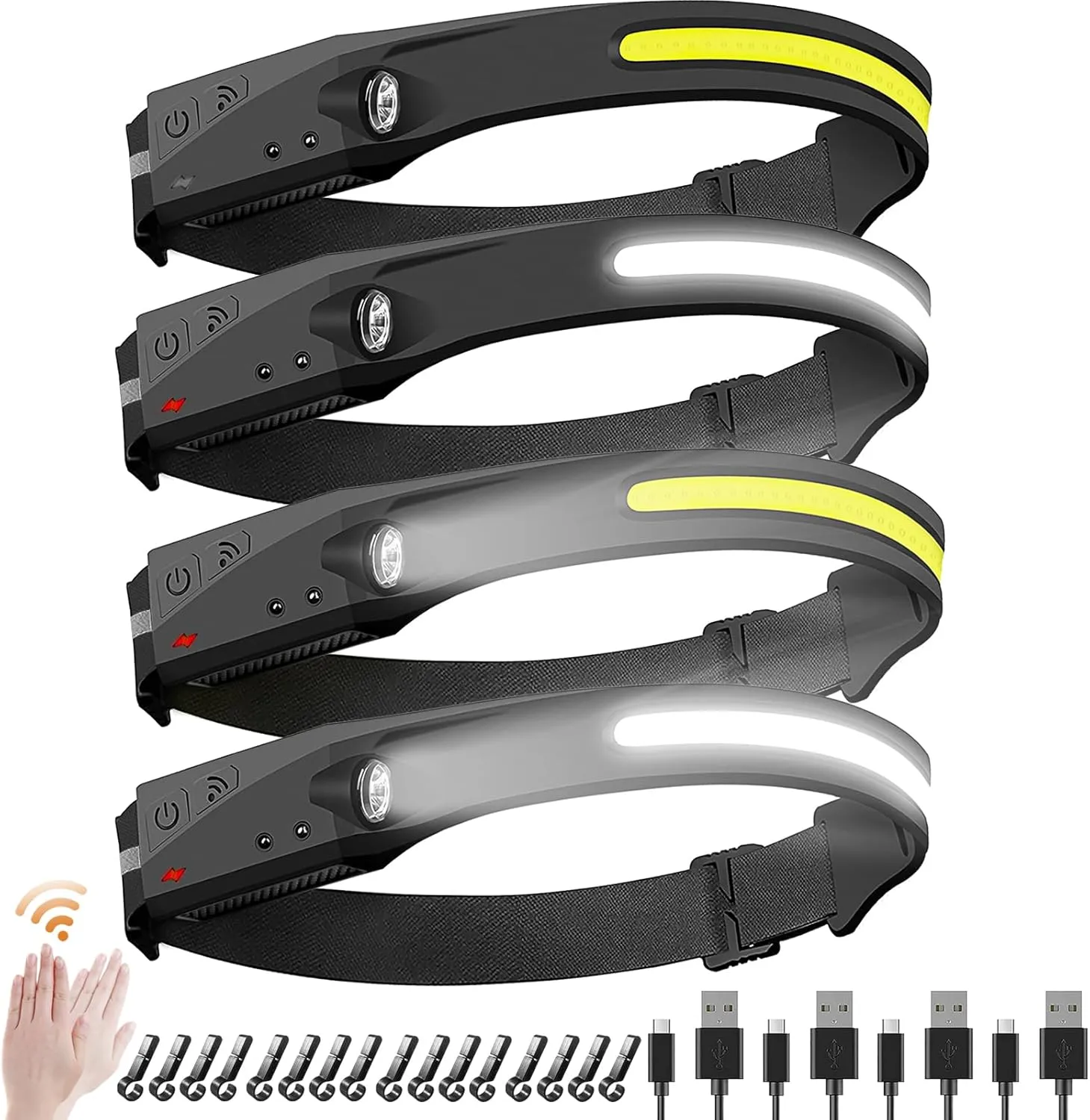 Rechargeable Headlamps, 5 Light Modes, 230° Wide Beam Spotlight with Motion Sensor, Lightweight Waterproof LED Headlight with Clips for Hardhat, Head Lamp for Camping Running (4, Black)