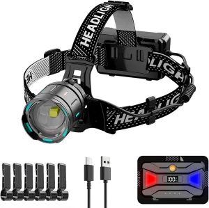 Rechargeable LED Headlamp 2200 Lumens, USB-C Fast Charging, 5 Modes, Super Bright & Zoomable, 90° Adjustable, IPX7 Waterproof, for Camping, Exploring, Fishing