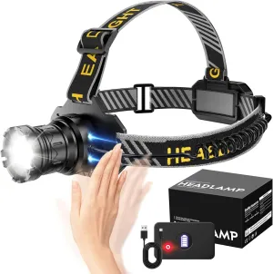 Rechargeable LED Headlamp, 990000 Lumens, Motion Sensor LED Head Lamp with 12 Modes, 60H Long Battery Life, 90° Adjustable, IP68 Waterproof, Zoom Forehead Headlight for Outdoor Camping,Cycling,Hiking
