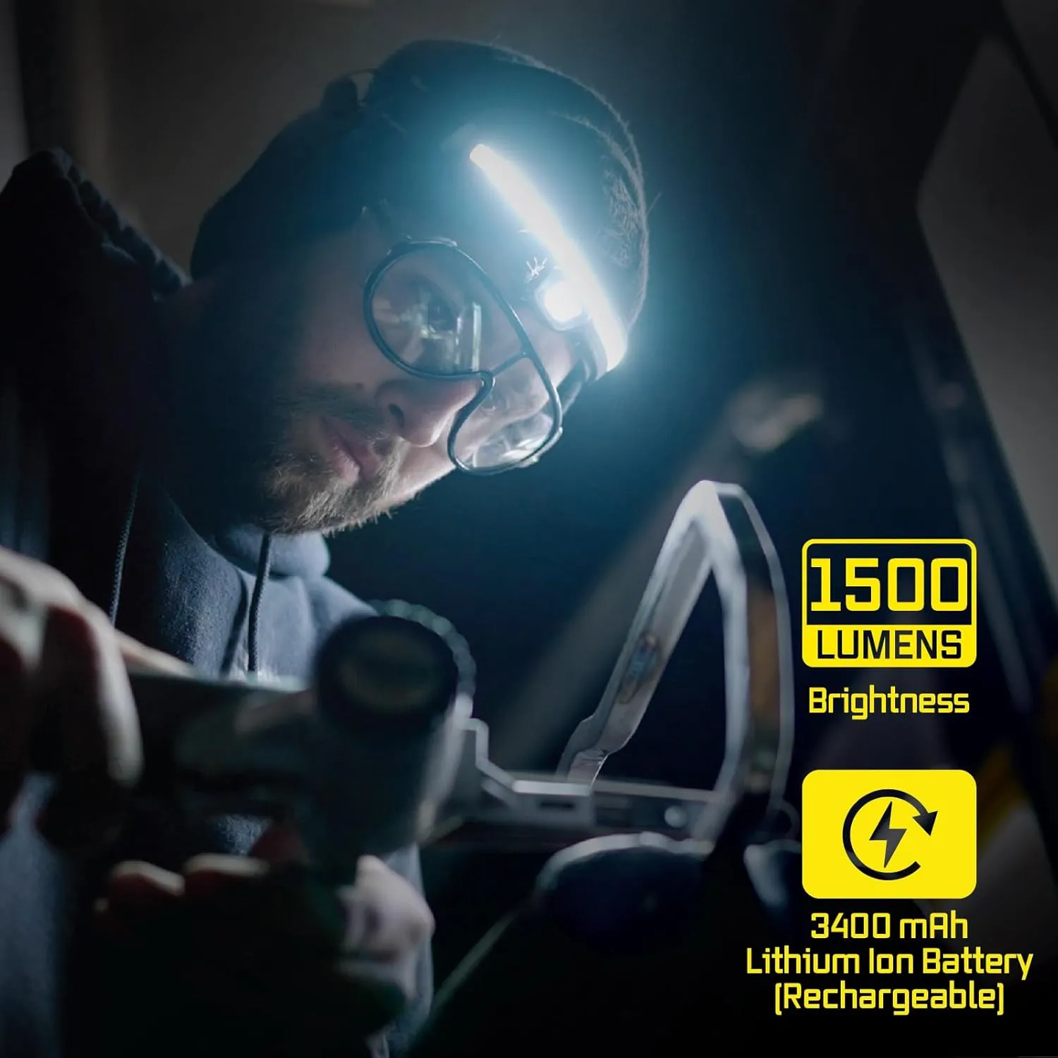 Rechargeable LED Headlamp - Liteband PRO 1500 Lumens Super Bright Head Lamp, Powerful Battery Powered Tactical Headlamps, Camping, Running, Hard Hat Light, Best Rated Forehead Flashlight, Yellow