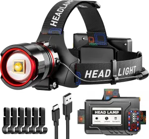 Rechargeable LED Headlamps, 1900LM Bright Headlamp with Motion Sensor & Zoomable, 12 Modes, IPX7 Waterproof Headlight for Forehead, 125° Adjustable & Brightest Head Lamp for Adults, Camping, Hardhat