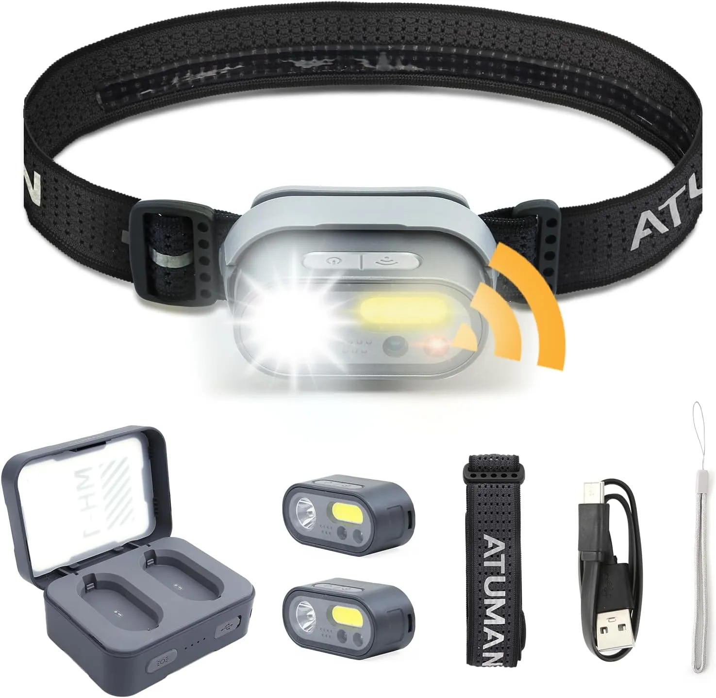 Rechargeable LED Headlight,2 Pack Headlamp with Motion Sensor, 8 Light Modes,1200 Lumens Dual Beam,Head Lamp 39H Long Battery Life,Camping Light with Charging Case for Hiking,Outdoor,Fishing