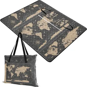 Rectangle Picnic Mat, Outdoor Tote Waterproof Backing Handy Portable Blanket for Family Friends Camping Beach Yoga Hiking Print Retro World Map Vintage Black Pattern