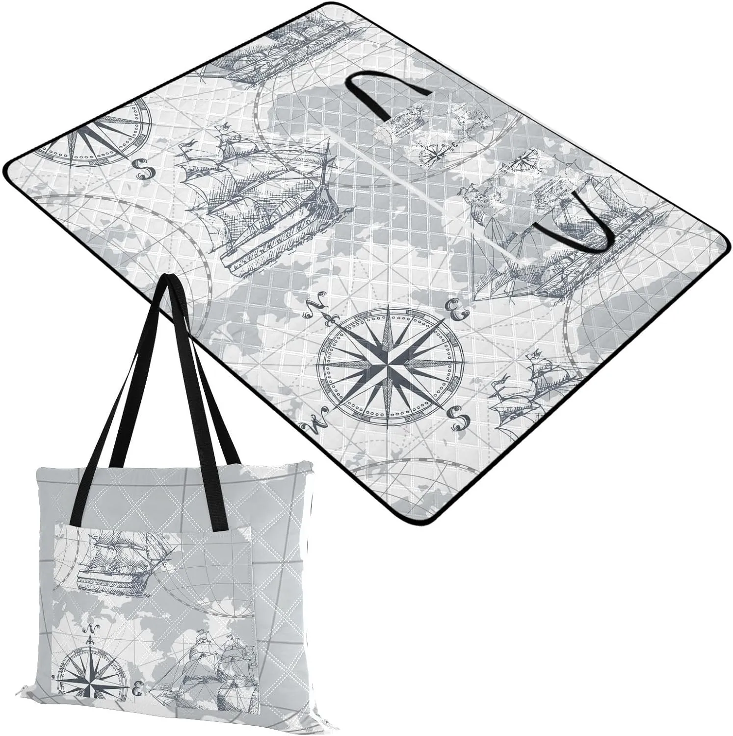 Rectangle Picnic Mat, Outdoor Tote Waterproof Backing Handy Portable Blanket for Family Friends Camping Beach Yoga Hiking Print Sea Map with Compass Lighthouse Anchor Seashells Design
