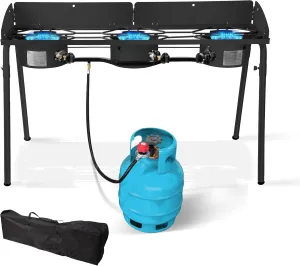 Red Mountain Valley Three Burner Outdoor Portable Camping Gas Stove with Removable Legs, Portable Bag and Windshield, Camping Stove Propane for Cooking, CSA Certified, Outdoor Propane Burner