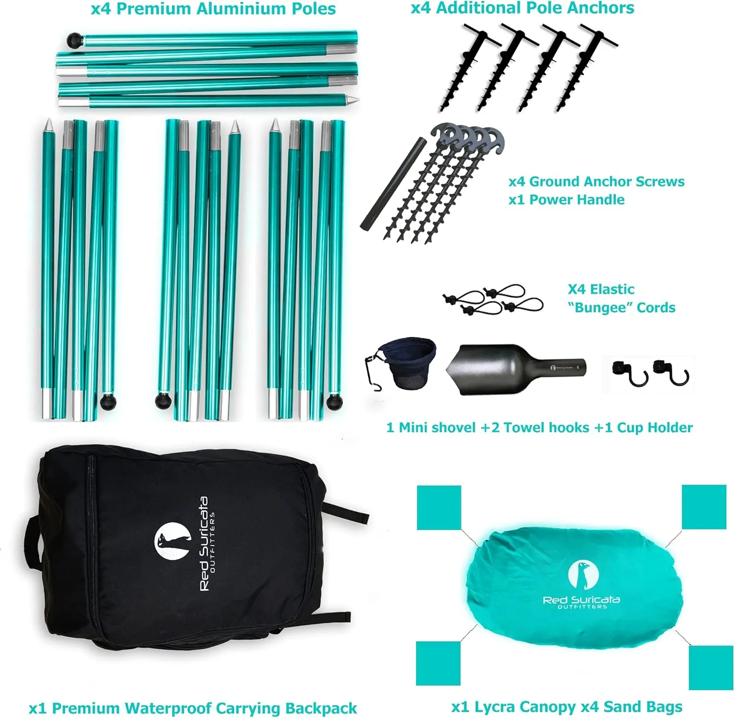 Red Suricata Premium Multi-Terrain Beach Tent & Beach Canopy in Backpack, UPF50 Sun Beach Shade, Pop Up Camping & Picnic Sunshade with 4 Poles, 4 Pole Anchors & 4 Tent Screws, Sun Shelter (Lrg Turq)