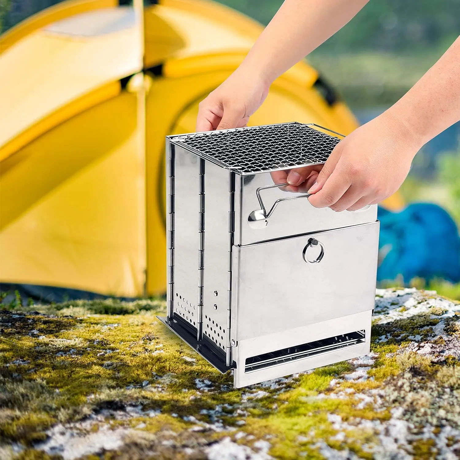 REDCAMP Wood Burning Folding Camp Stove Stainless Steel Grid, Portable Collapsible Backpacking Stove Survival Rocket Stove for Hiking Outdoor Tent Camping Picnic BBQ, Large
