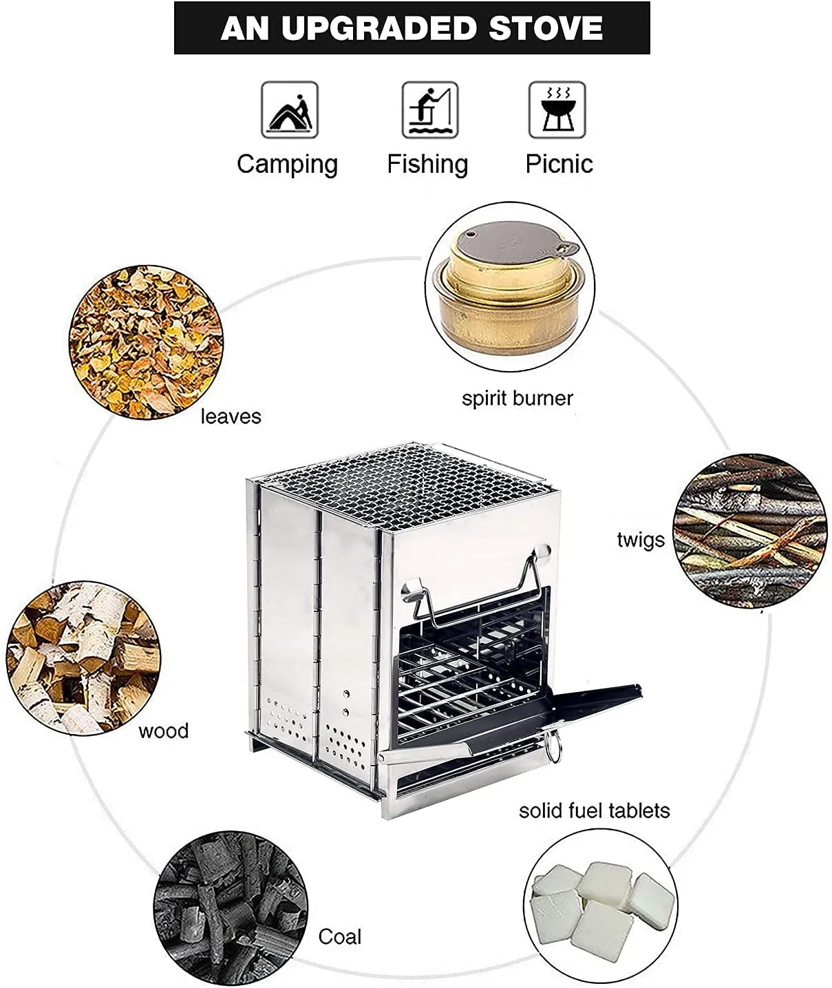 REDCAMP Wood Burning Folding Camp Stove Stainless Steel Grid, Portable Collapsible Backpacking Stove Survival Rocket Stove for Hiking Outdoor Tent Camping Picnic BBQ, Large
