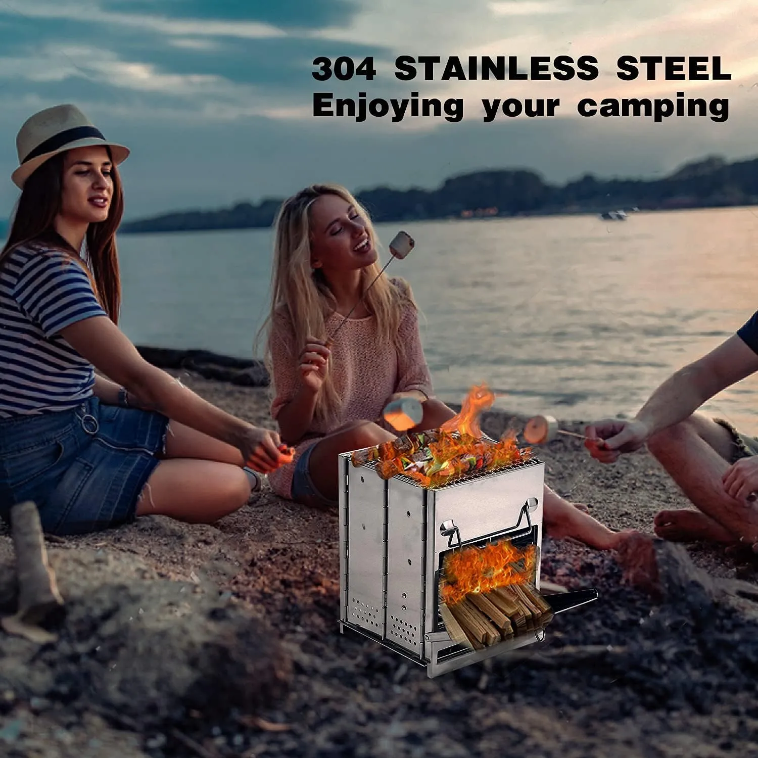 REDCAMP Wood Burning Folding Camp Stove Stainless Steel Grid, Portable Collapsible Backpacking Stove Survival Rocket Stove for Hiking Outdoor Tent Camping Picnic BBQ, Large