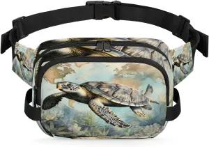Retro Ocean Turtle Map Waist Packs for Women Men, Waterproof Hiking Fanny Packs, Crossbody Waist Bag with Adjustable Strap, Waist Pouch for Travel Running