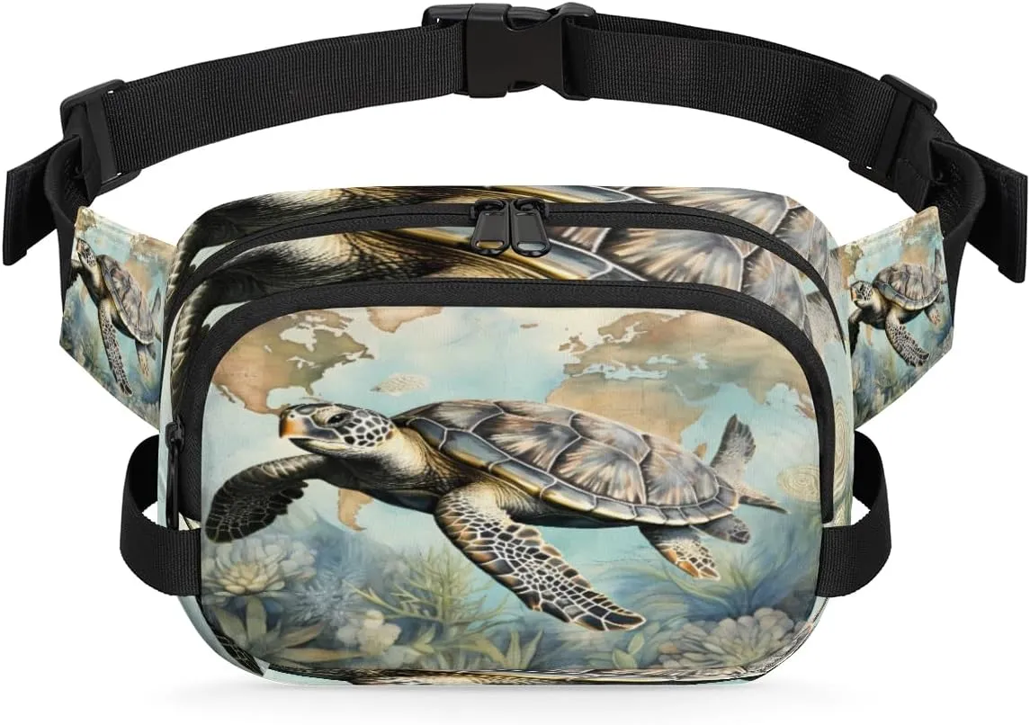 Retro Ocean Turtle Map Waist Packs for Women Men, Waterproof Hiking Fanny Packs, Crossbody Waist Bag with Adjustable Strap, Waist Pouch for Travel Running