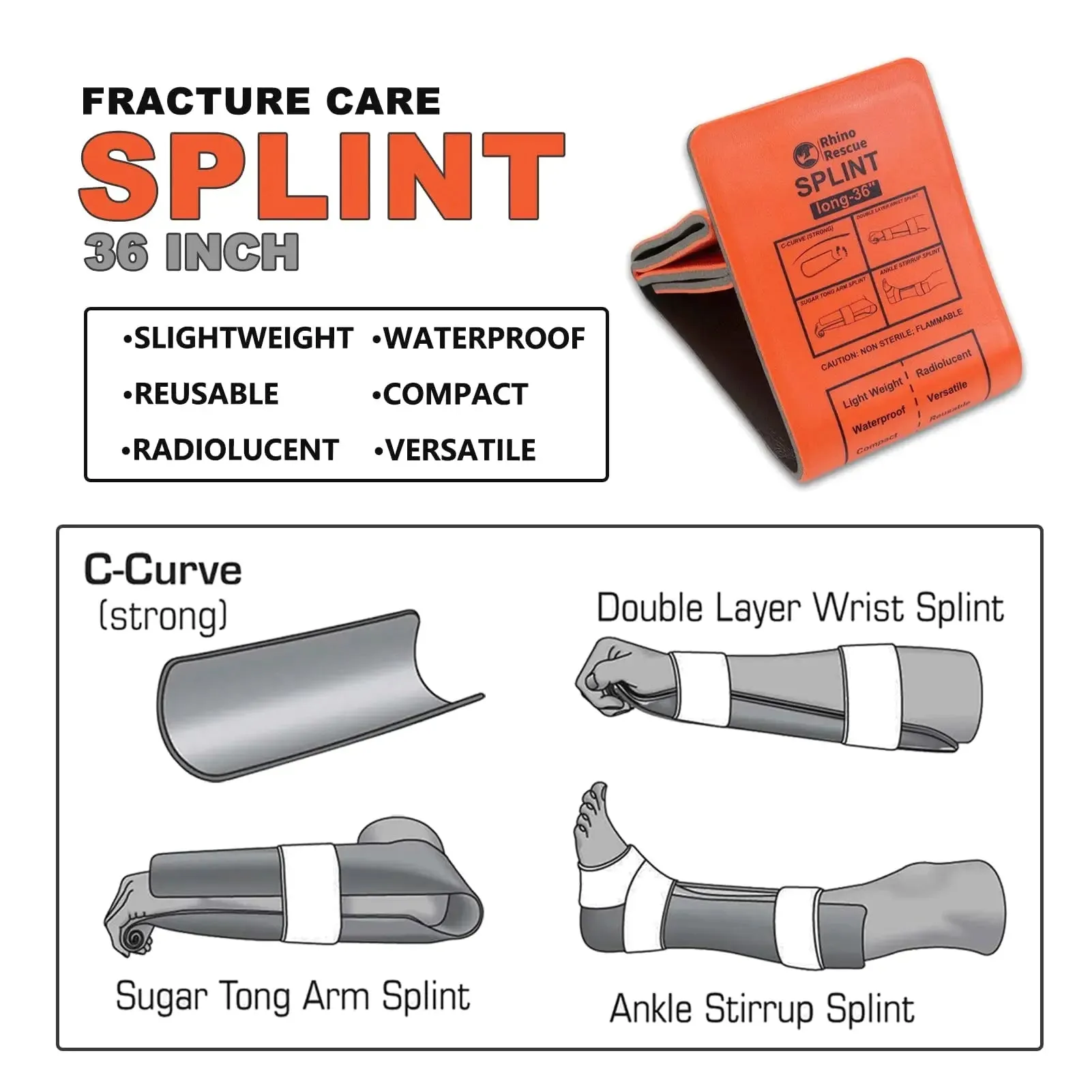 RHINO RESCUE 36" First Aid Splint Lightweight Reusable Bone Immobiliser for Emergency Kits