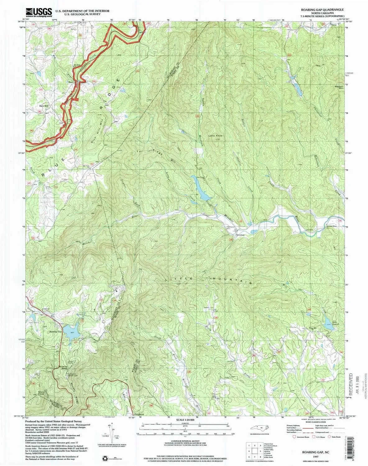 Roaring Gap NC topo map, 1:24000 Scale, 7.5 X 7.5 Minute, Historical, 1997, Updated 2000, 26.8 x 21.9 in