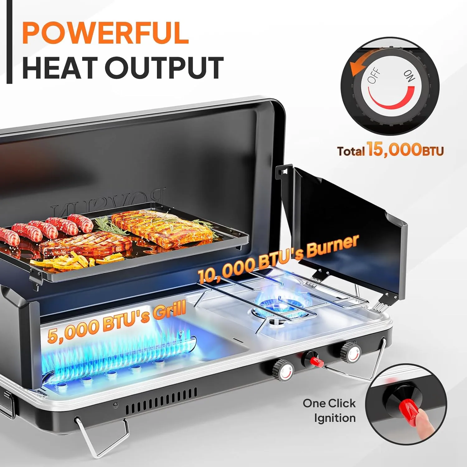 ROVSUN 2-in-1 Portable Camping Stove & Propane Grill with Enamel Griddle & Piezo Igniter, Tabletop Camp Stove with Built-in Handle, Wind Panel & Regulator for Camping, Tailgating, Grilling (Black)