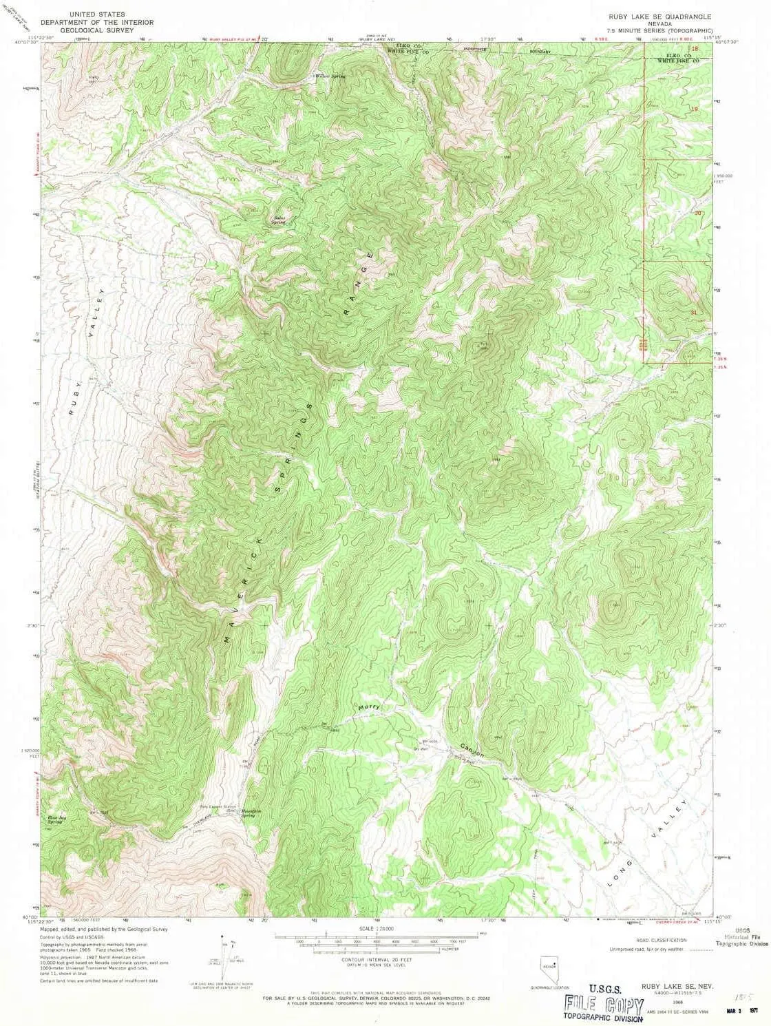 Ruby Lake SE NV topo map, 1:24000 Scale, 7.5 X 7.5 Minute, Historical, 1968, Updated 1971, 26.9 x 21.6 in