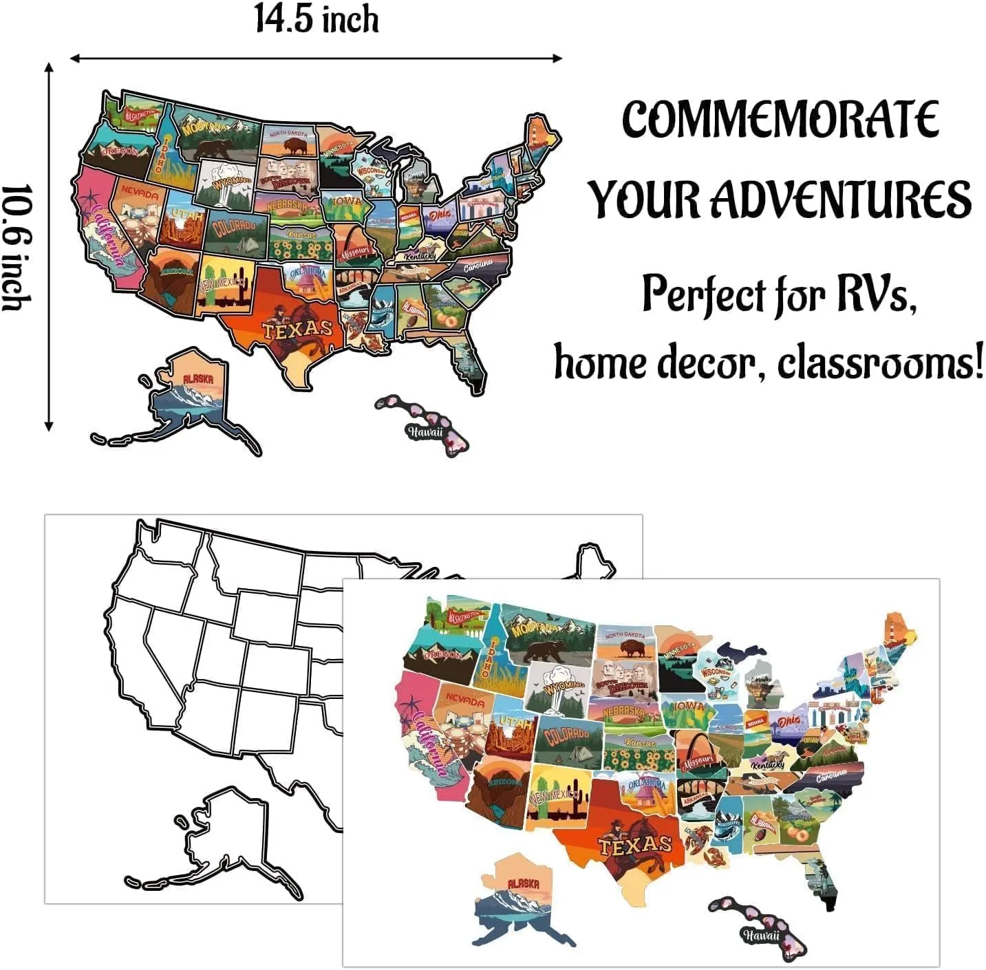 RV State Travel USA Map Sticker, United States Vinyl RV Travel Camper Trailer Map Sticker of America Waterproof Decals for Window Door Wall, USA Road Trip Decal Camper Accessories