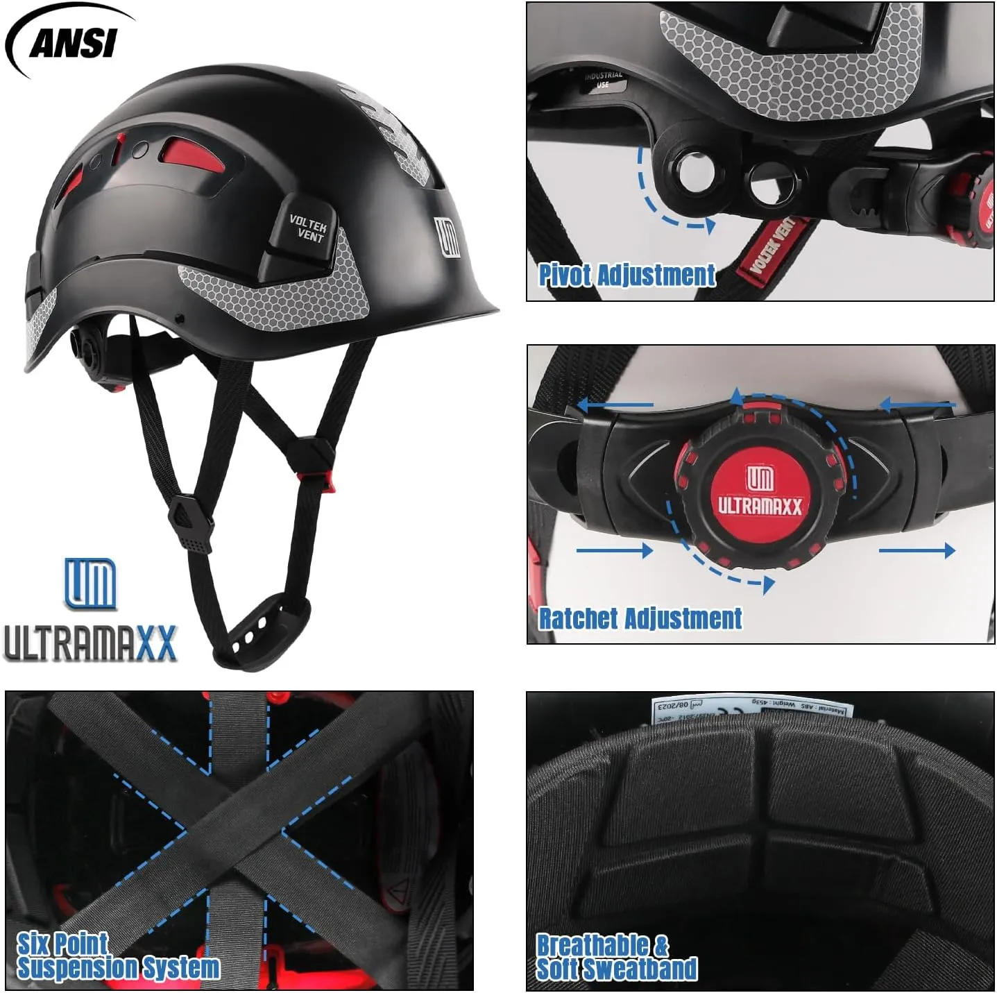 Safety Helmet Hard Hat, ANSI Z89.1 Approved Lightweight Vented Work Helmet, 6-Point Adjustable Ratchet Suspension Hardhat Ideal for Industrial and Construction