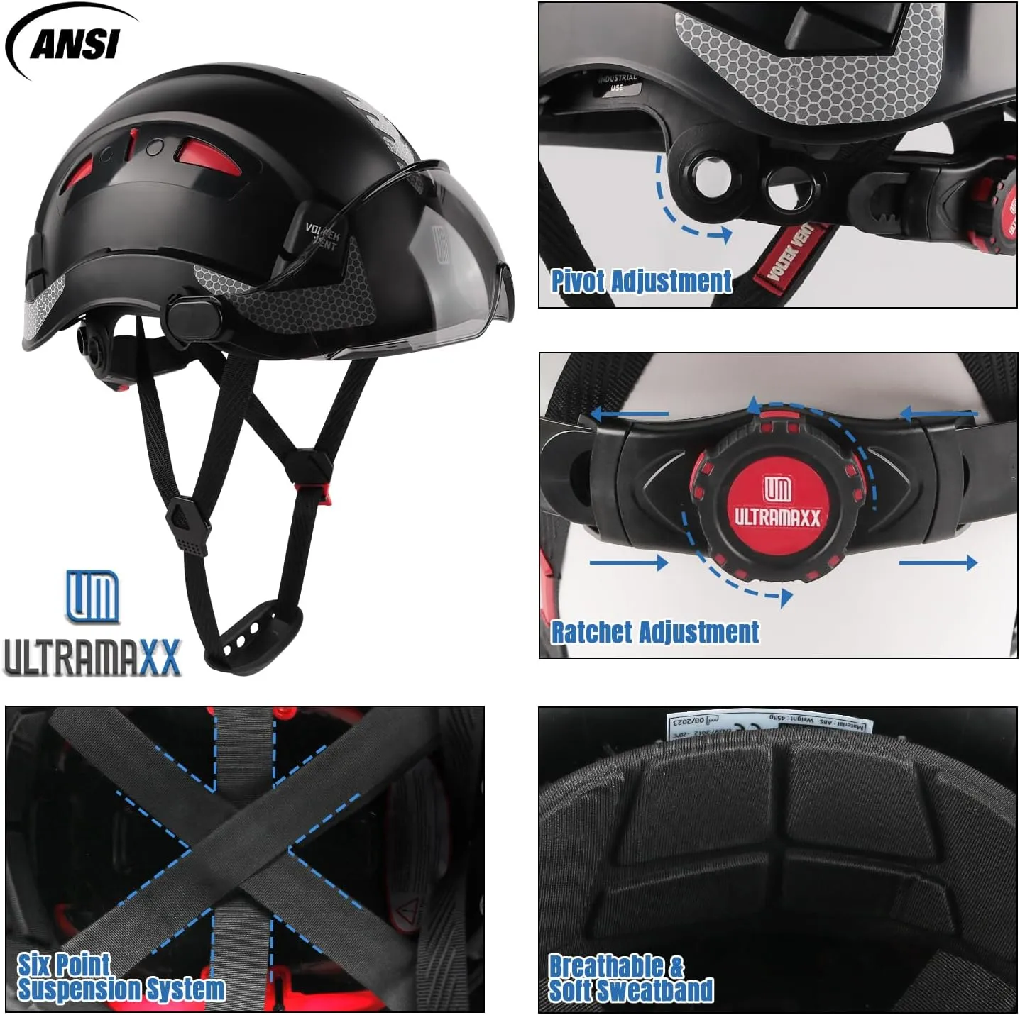 Safety Helmet Hard Hat, ANSI Z89.1 Approved Lightweight Vented Work Helmet, 6-Point Adjustable Ratchet Suspension Hardhat Ideal for Industrial and Construction