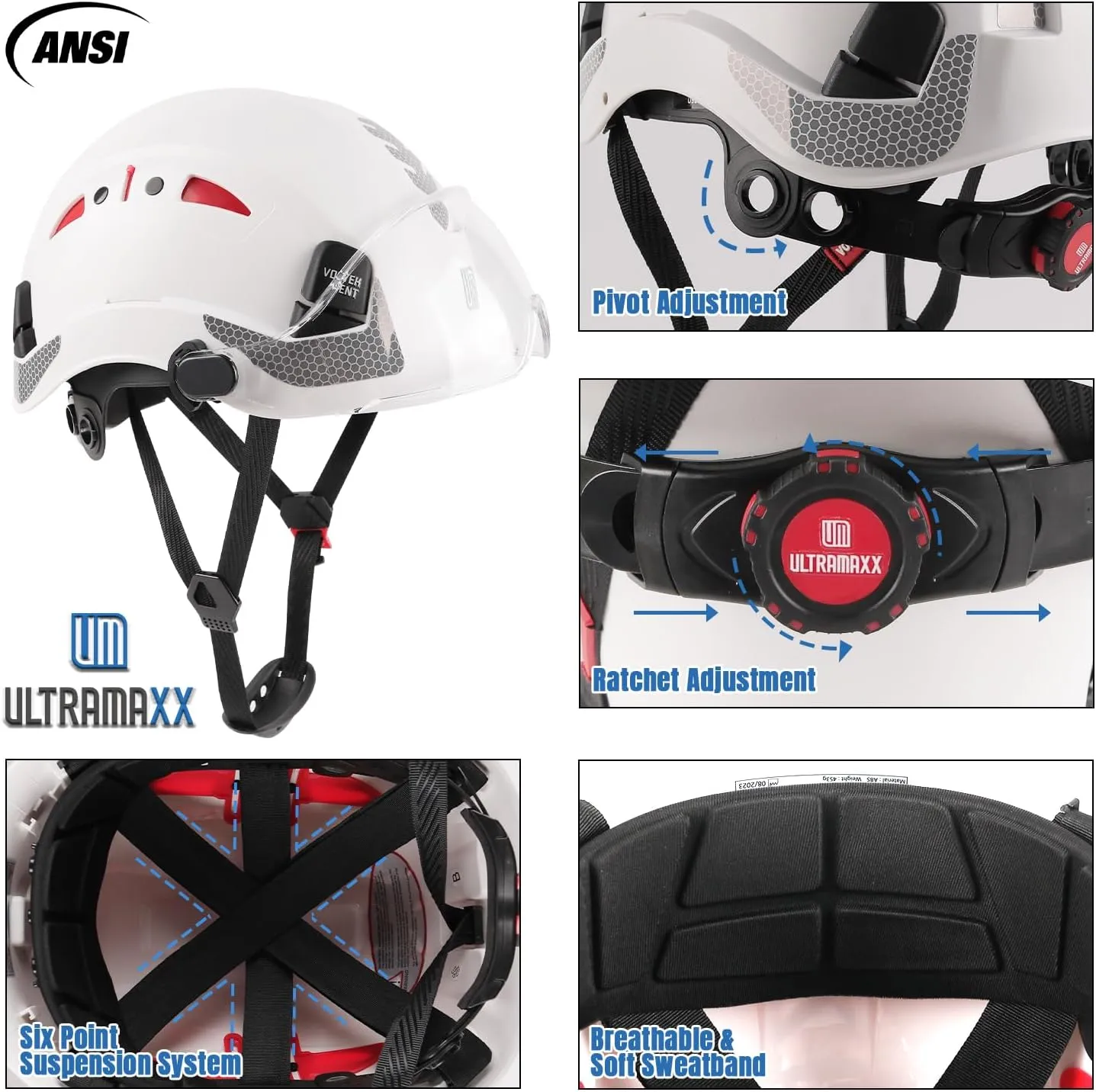 Safety Helmet Hard Hat, ANSI Z89.1 Approved Lightweight Vented Work Helmet, 6-Point Adjustable Ratchet Suspension Hardhat Ideal for Industrial and Construction