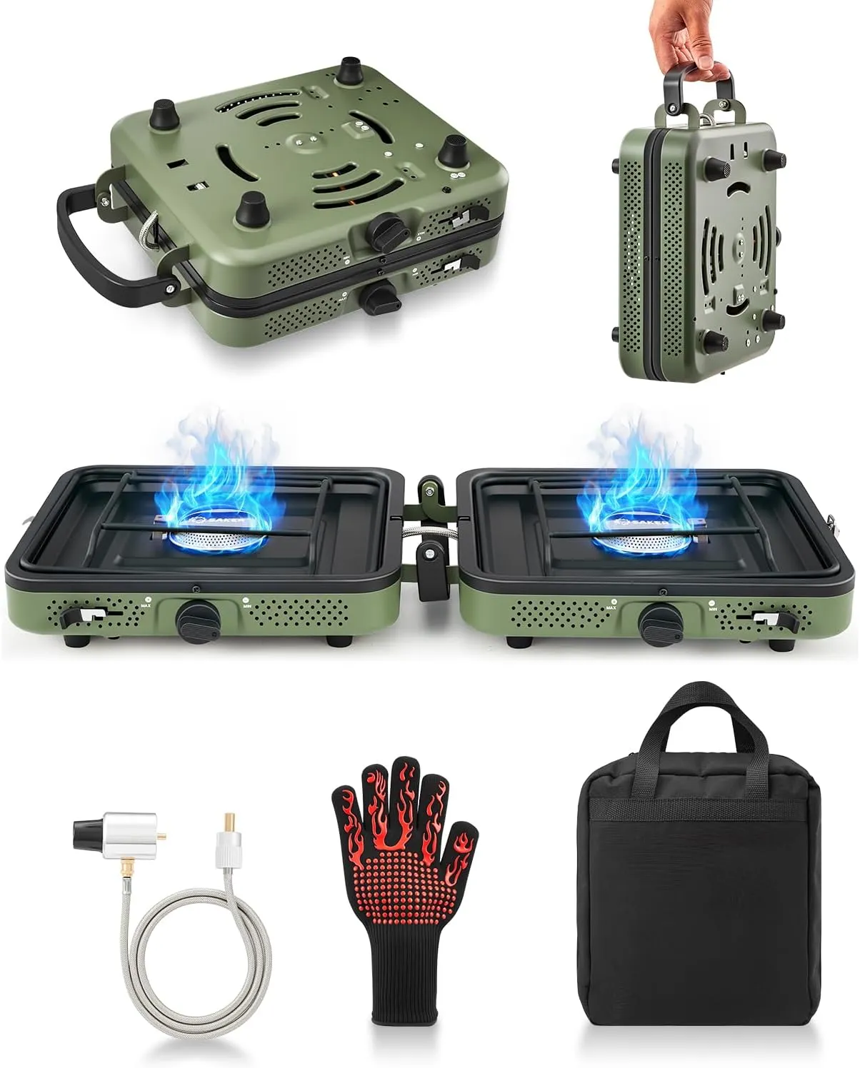 Saker 2 Burner Portable Camping Stove: Foldable Propane Camp Stove with Carry Bag - Adjustable Burners Camping Grill for BBQ Tailgating Gear - Backpacking Outdoor Cooking with Anti-scald Glove