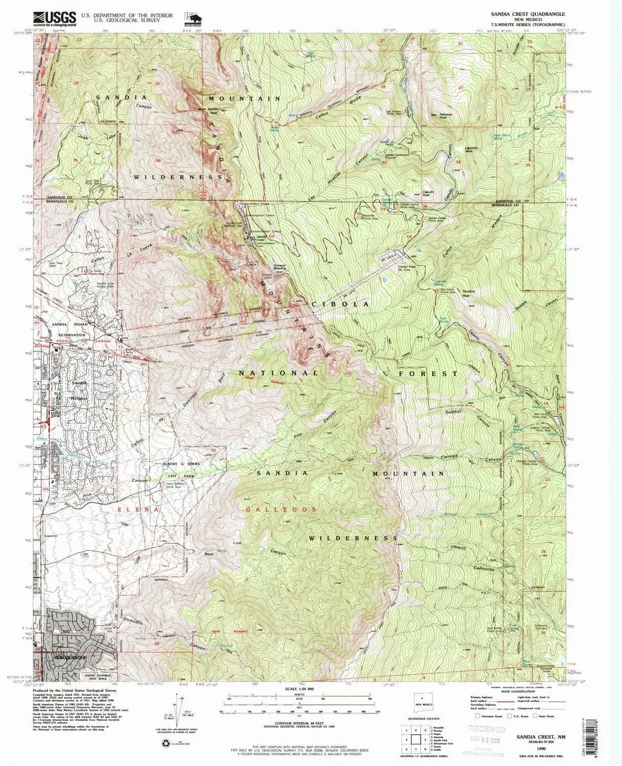 Sandia Crest NM topo map, 1:24000 Scale, 7.5 X 7.5 Minute, Historical, 1990, Updated 1996, 27 x 22 in