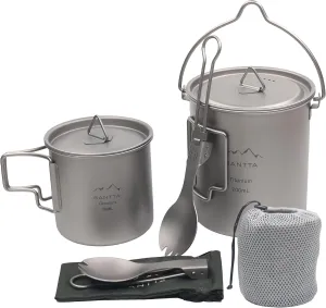 SANTTA Titanium Camping Cookware Set – 700mL Pot with 380mL Drink Cup & Foldable Spork, Compact Backpacking and Travel Kitchenware for Camping, Hiking, and Fishing