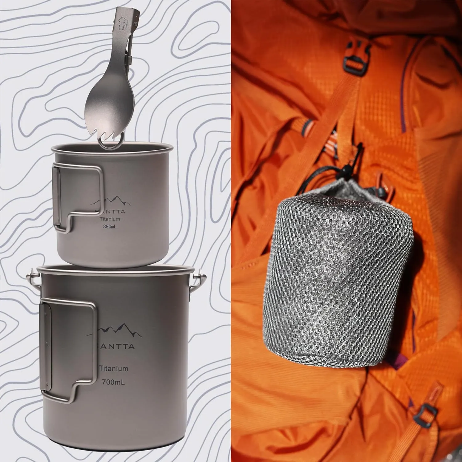 SANTTA Titanium Camping Cookware Set – 700mL Pot with 380mL Drink Cup & Foldable Spork, Compact Backpacking and Travel Kitchenware for Camping, Hiking, and Fishing