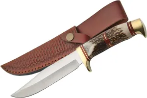 SCO Supplies 9.75" Steel Wolf Hunting Knife with Genuine Stag Handle, Stainless Steel Blade, Brass Guard, and Leather Sheath – Ideal for Camping, Skinning, and Outdoor Survival