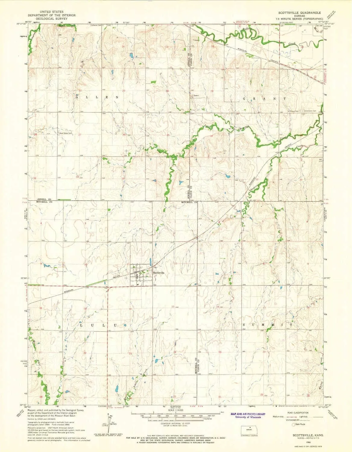 Scottsville KS topo map, 1:24000 Scale, 7.5 X 7.5 Minute, Historical, 1966, Updated 1967, 27 x 20.99 in