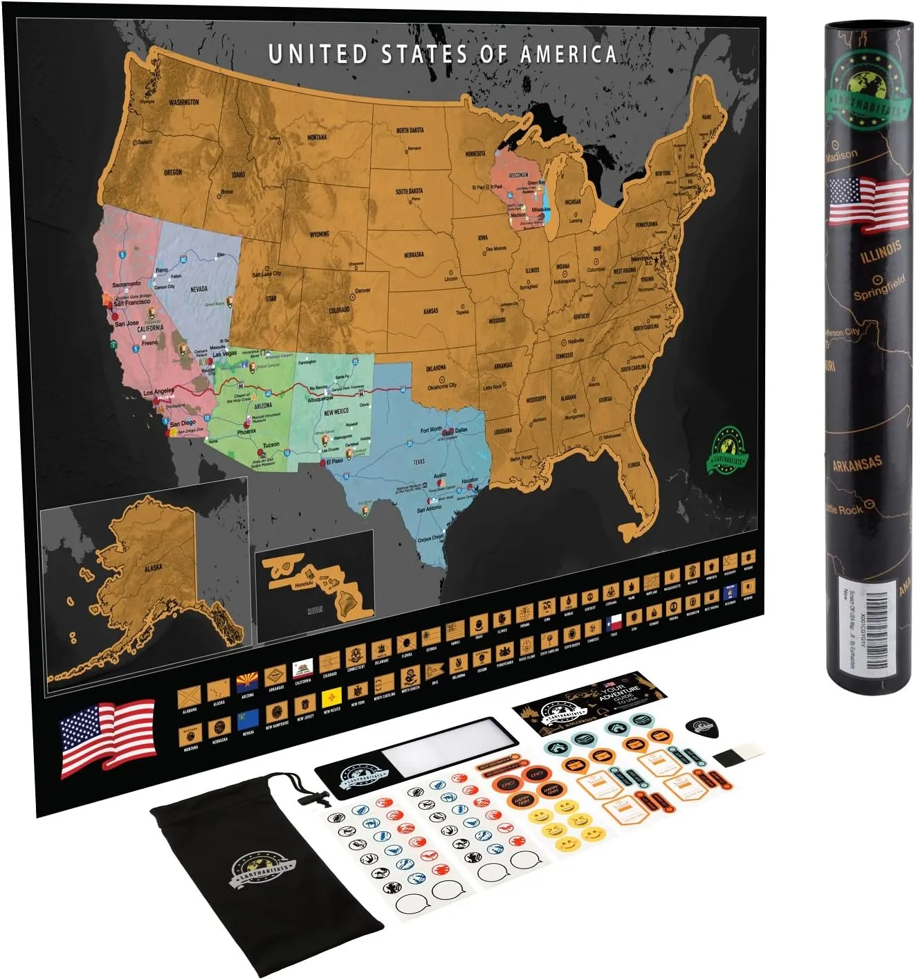 Scratch Off Map of The United States – US Scratch Off Travel Map with 50 State Flags and Landmarks – Map to Track States Visited, Full Accessories Set Included, Gift for Travelers, by Earthabitats