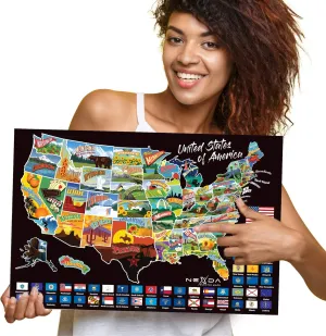 Scratch Off Map of United States by Nexda - Large 24x18 Inches - Colorful Thematic Poster - Individual States Graphics and Flags - Scratching Accessories - Black and Gold