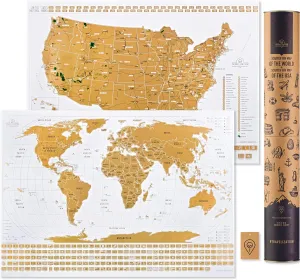 Scratch Off Travel Map World & United States National Parks 2 in 1 - Large 24x17 Quality Laminated Poster Paper - World & USA Wall Posters w/Flags, Art Coloring Pages & Scratch Tool - Traveler Gift