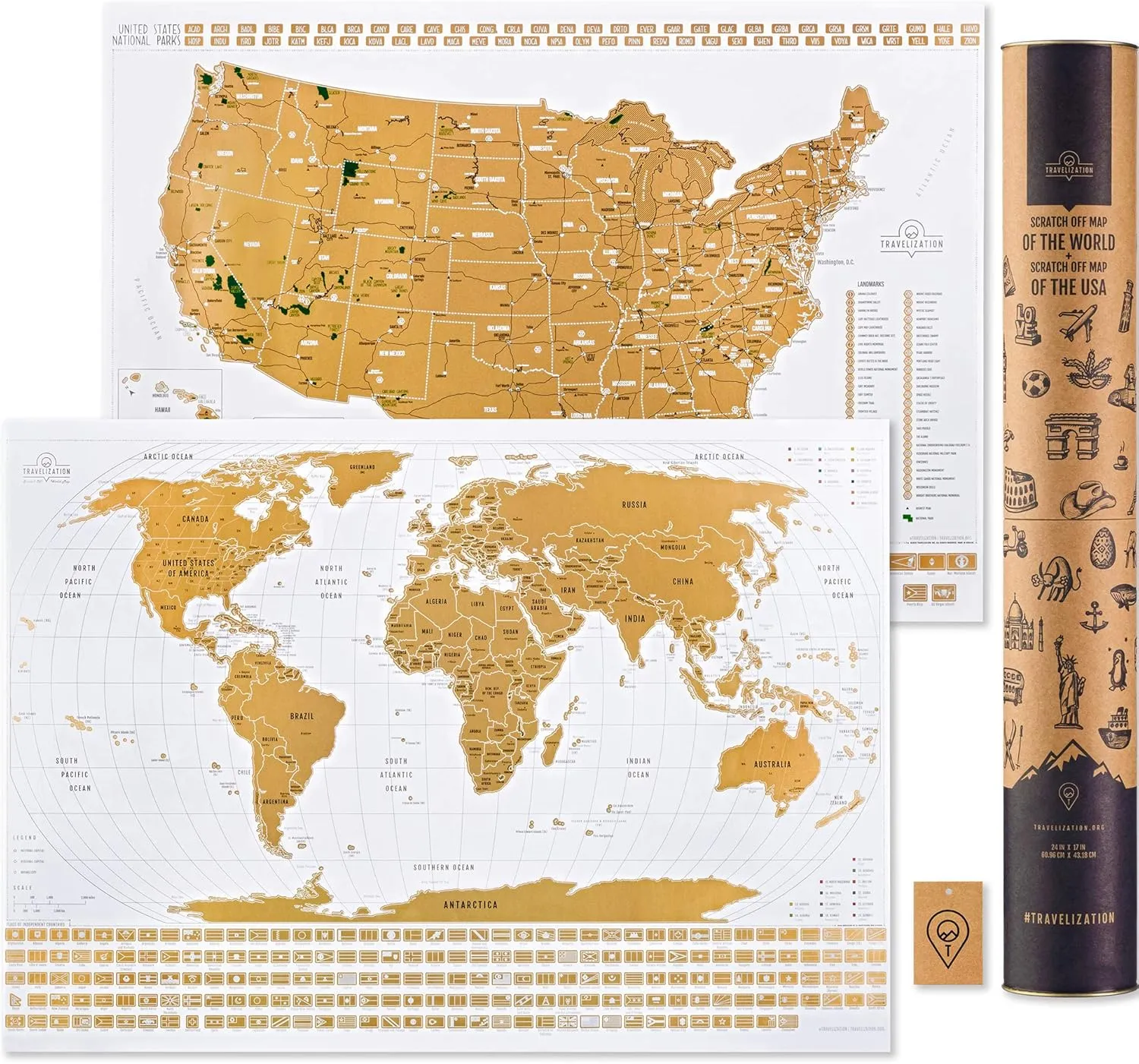 Scratch Off Travel Map World & United States National Parks 2 in 1 - Large 24x17 Quality Laminated Poster Paper - World & USA Wall Posters w/Flags, Art Coloring Pages & Scratch Tool - Traveler Gift