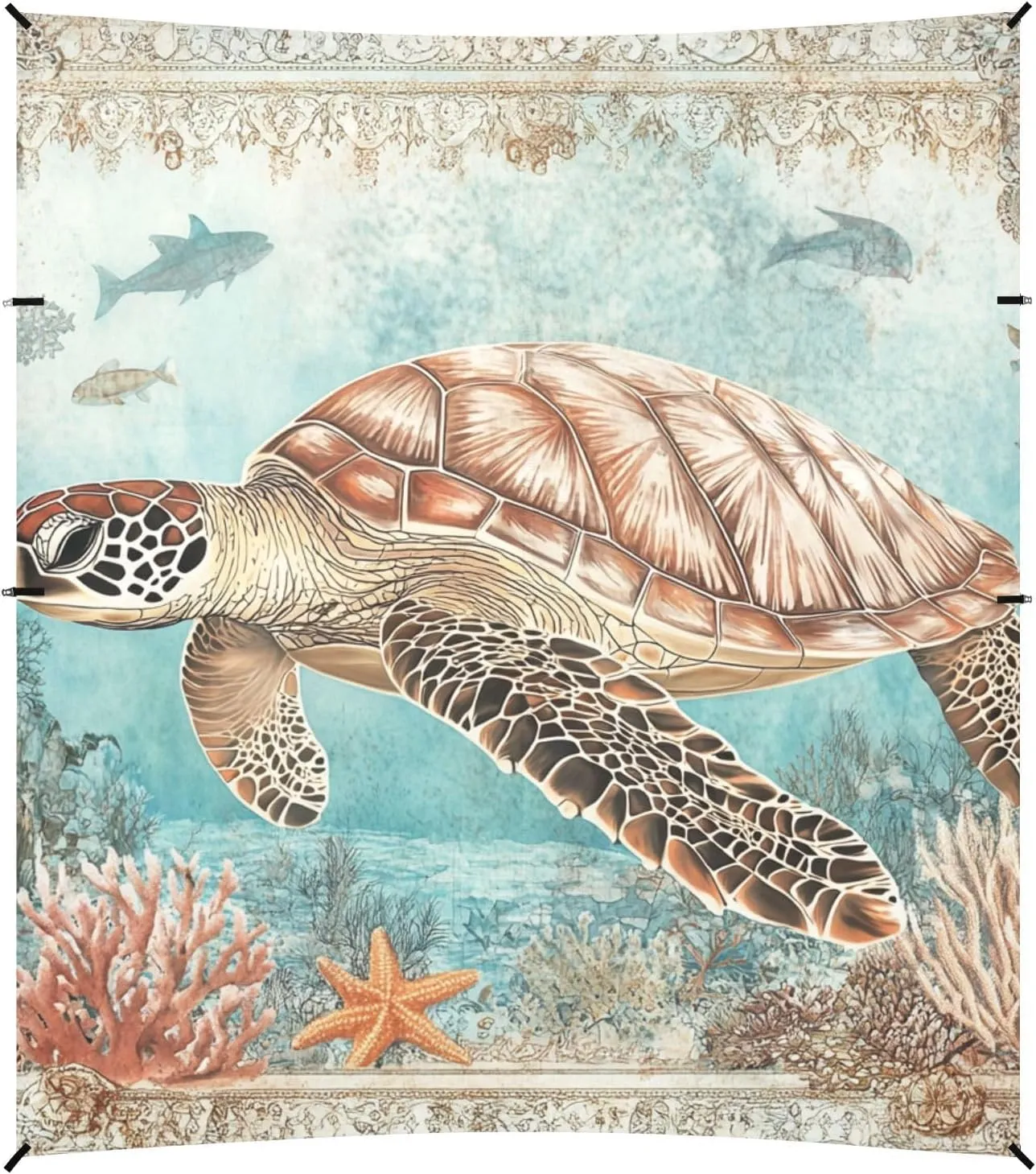 Sea Turtle Vintage Retro Foldable Beach Canopy UPF50 Lightweight Portable Sunshade with Sturdy Poles, Sandbags and Shovel for Camping, Picnics, Backyard