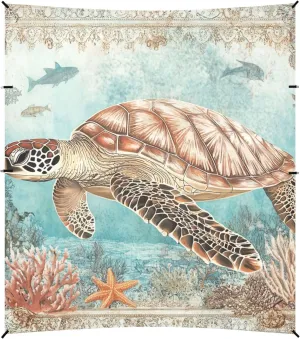 Sea Turtle Vintage Retro Foldable Beach Canopy UPF50 Lightweight Portable Sunshade with Sturdy Poles, Sandbags and Shovel for Camping, Picnics, Backyard